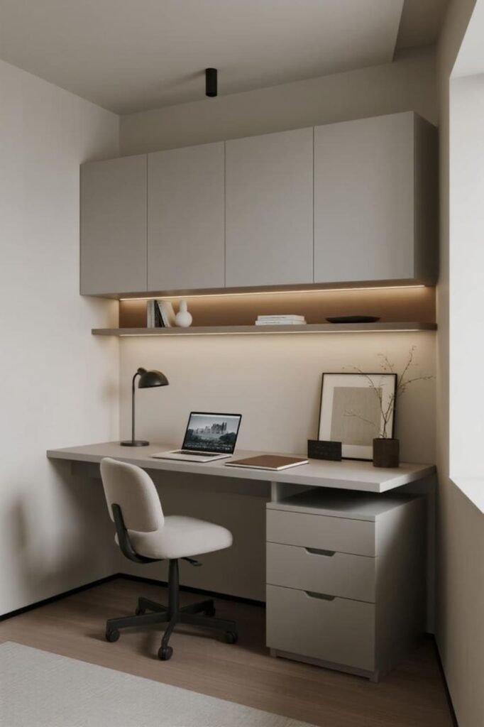 Greige-painted home office walls for a versatile and modern workspace.