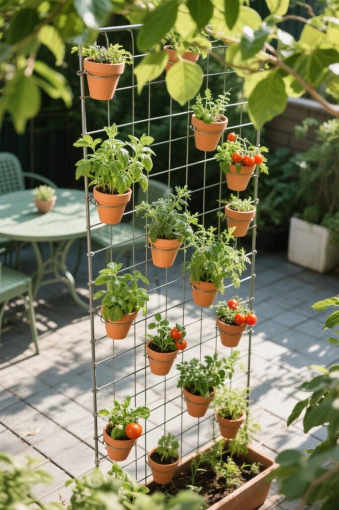 Metal trellis with terracotta pots arranged in a vertical herb garden.
