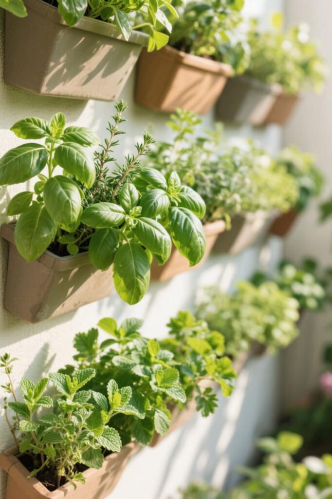 Wall-mounted planters filled with basil, thyme, mint, and parsley.