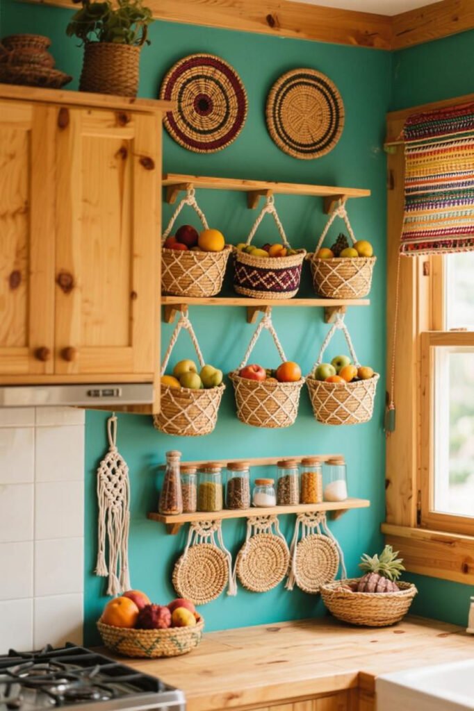 Bohemian kitchen wall with tiered hanging baskets for fruit, macramé spice shelves, and woven trivets as decor.