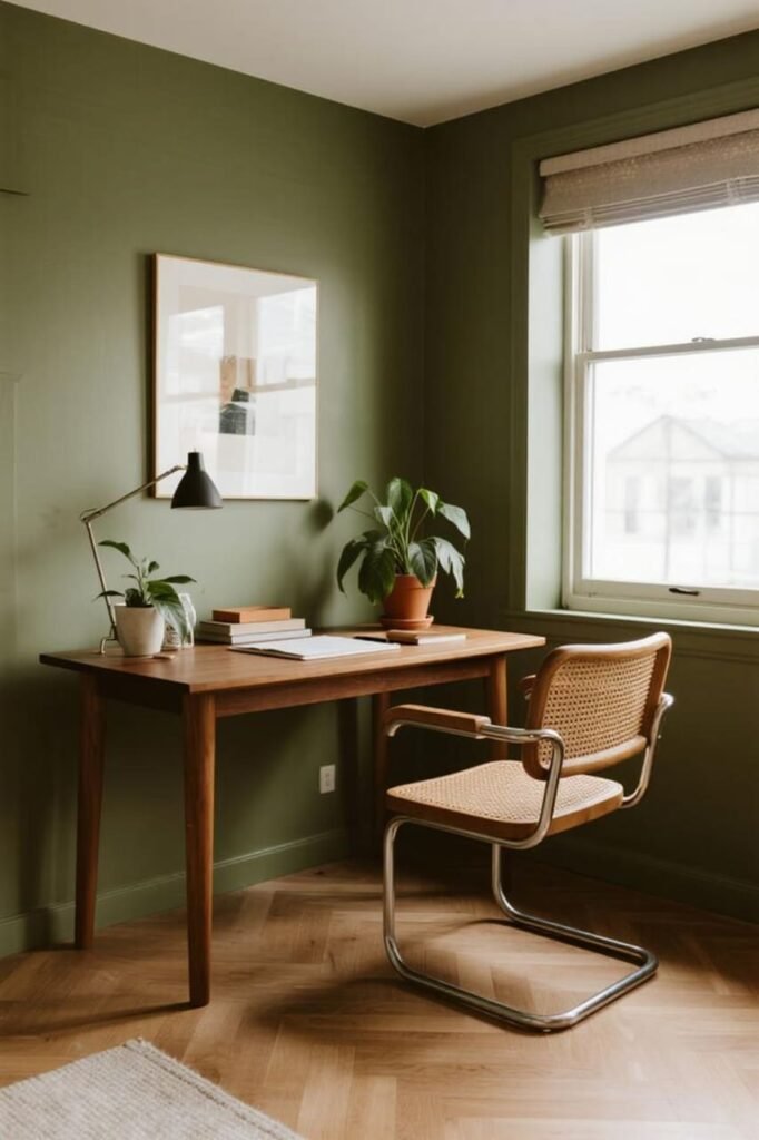 Sage green home office walls with wood furniture and plants for harmony and focus.