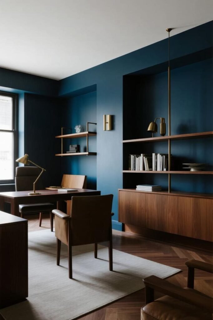 Navy blue accent wall in a home office with brass and wood accents.