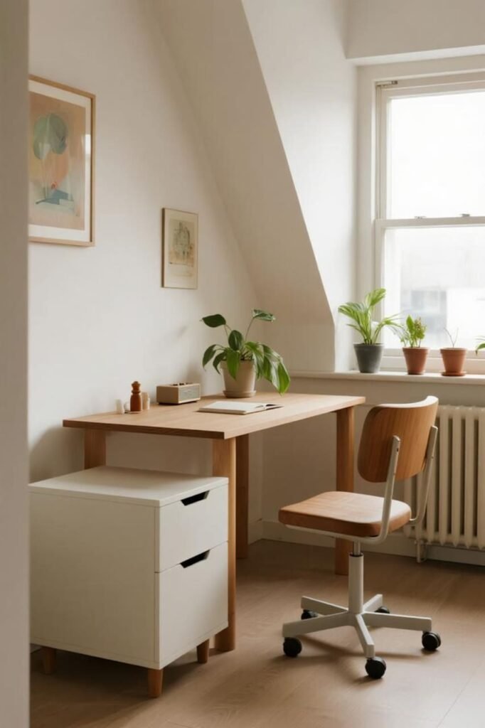 Off-white home office walls with warm undertones for a bright, inviting space.