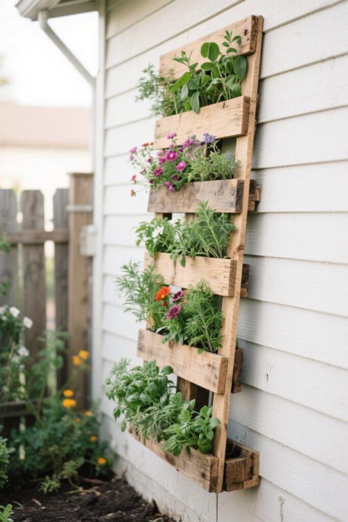 DIY pallet garden with herbs and flowers planted vertically against a wall.