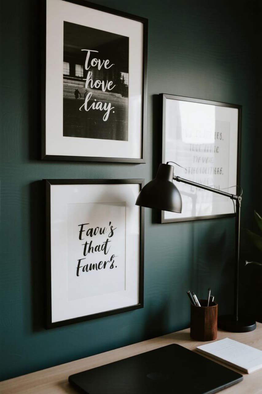 Black-and-white gallery wall combining photography and typography prints.