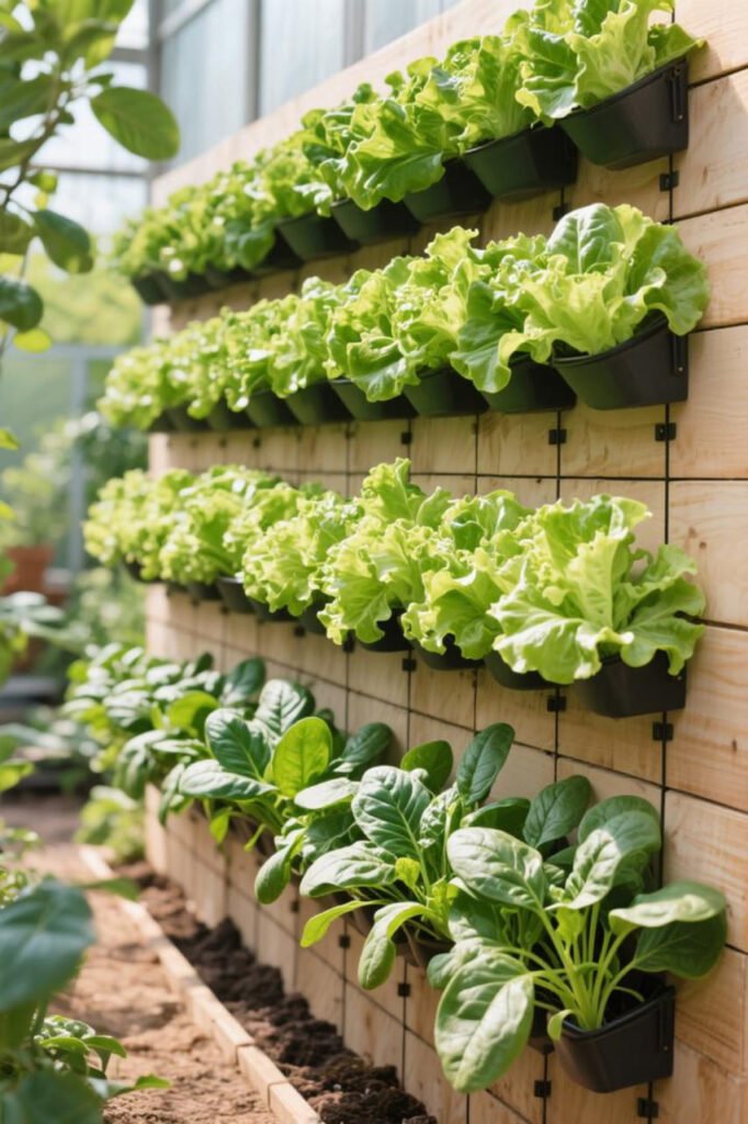 Vertical garden wall with lettuce, and spinach.
