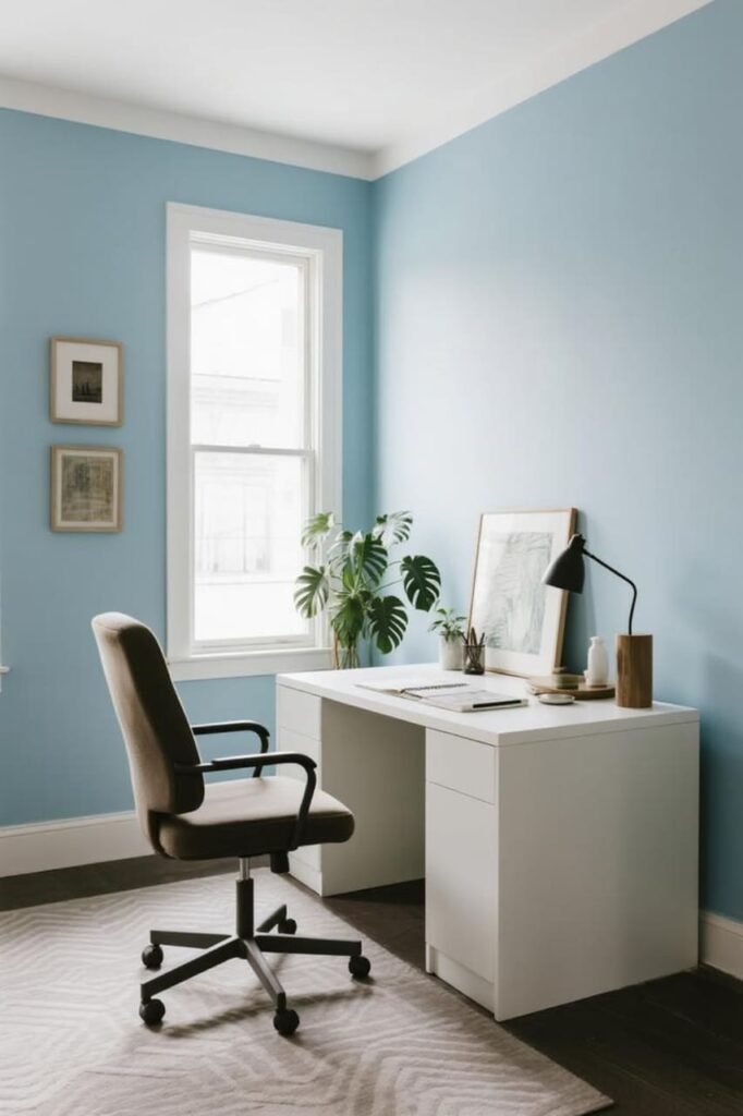 Home office with soft blue walls and white trim for a calm, focused workspace.