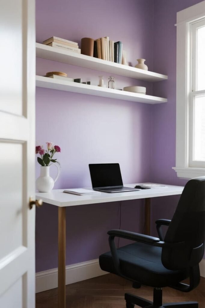 Home office with soft lavender walls for a soothing and creative workspace.