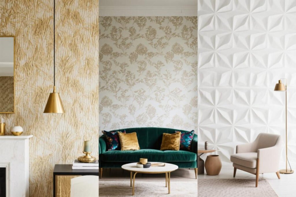 Collage showing styling ideas for grasscloth, flock, and 3D wallpaper.