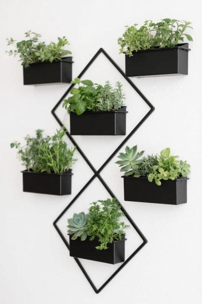Sleek black metal wall planters arranged in geometric patterns on a white wall, filled with vibrant green herbs and succulents.