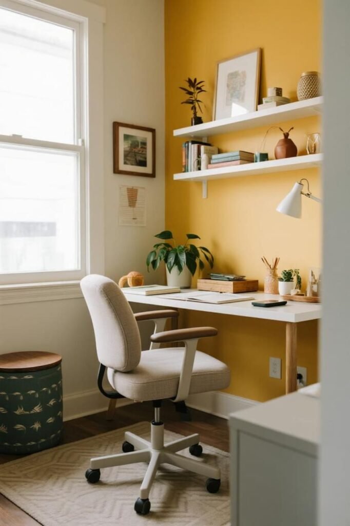 Warm yellow home office accent wall creating an uplifting and creative workspace.