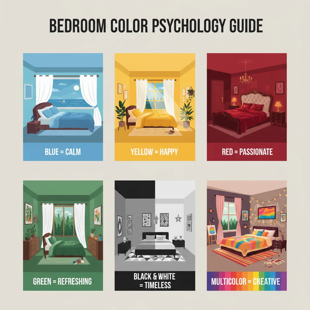Infographic of bedroom color psychology showing moods linked to wall art colors.