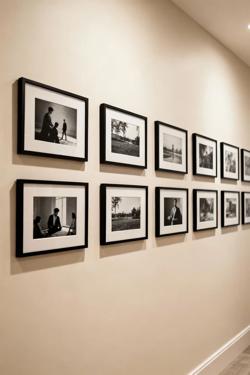 Black-and-white themed gallery wall with matching frames and consistent color palette.