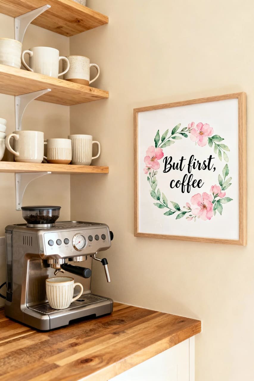 Coffee nook with romantic printable art saying “But first, coffee” framed on the wall.