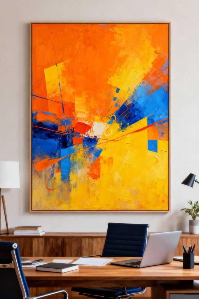 Abstract wall art with bright colors in orange, yellow, and blue energizing a workspace.