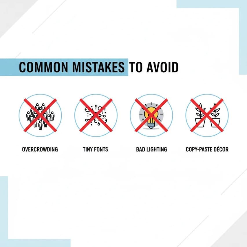 Infographic of common office wall art mistakes like overcrowding and poor lighting.