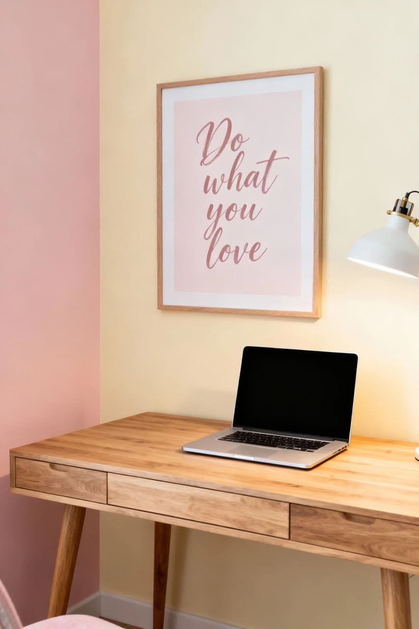Workspace with framed romantic printable art saying “Do what you love.”