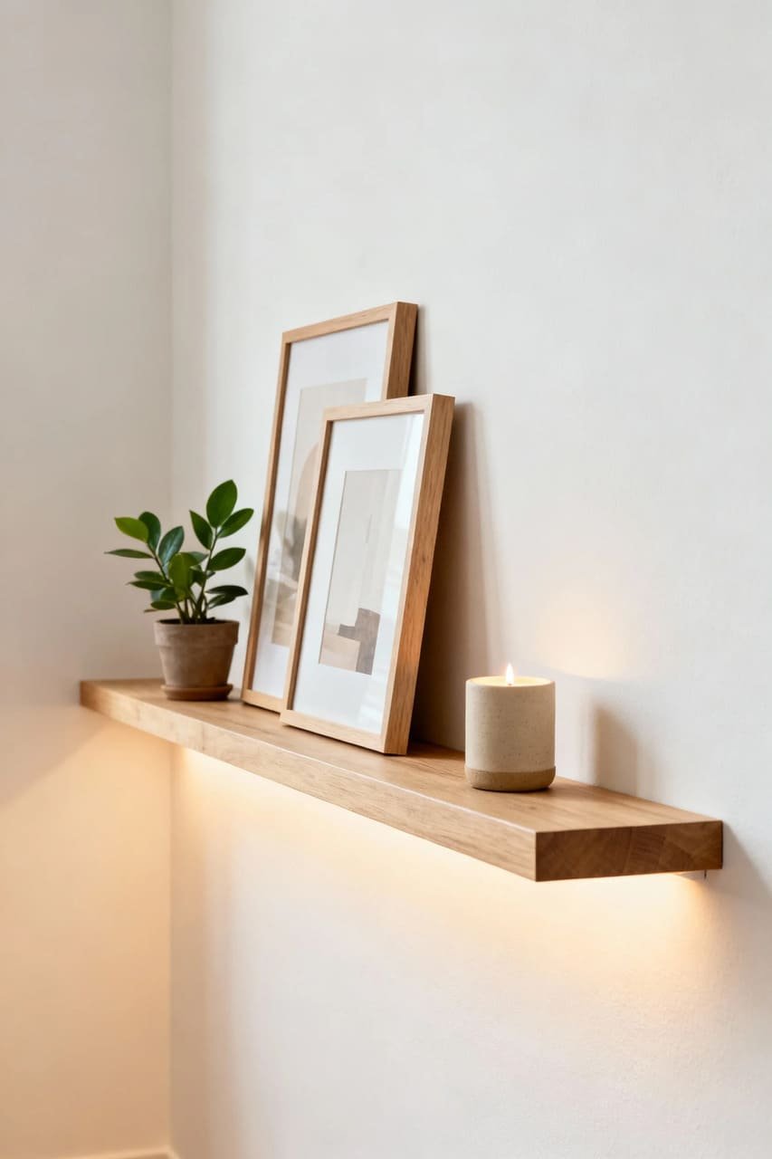 Floating shelf with layered art frames, plants, and decor creating a relaxed gallery wall look.
