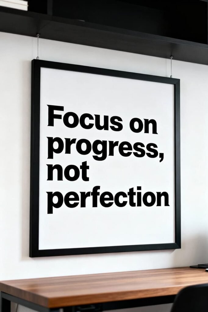 Minimalist wall print with the quote “Focus on progress, not perfection” framed above a modern office desk.