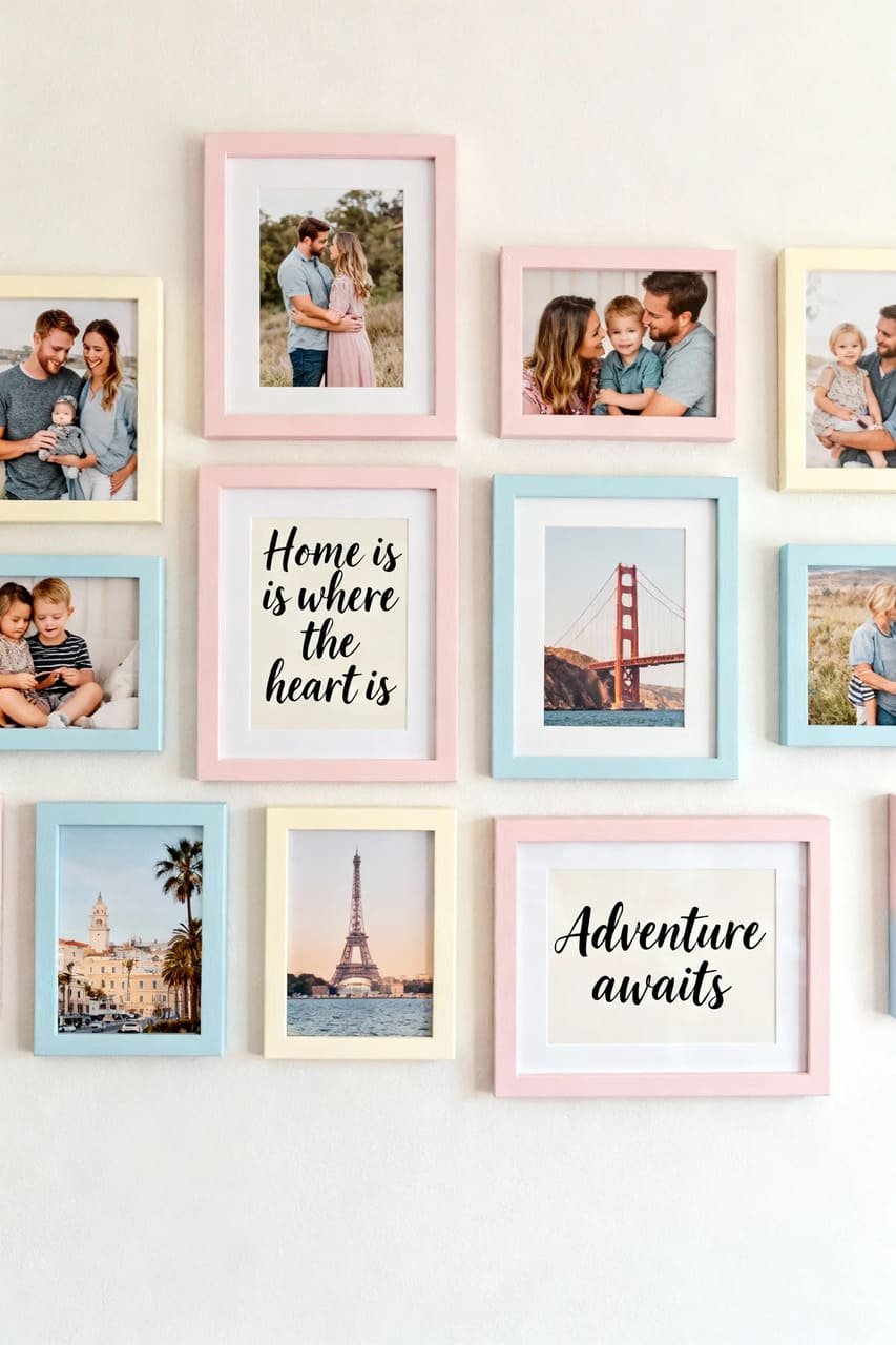 Gallery wall featuring personal photos and travel prints styled with warmth and personality.