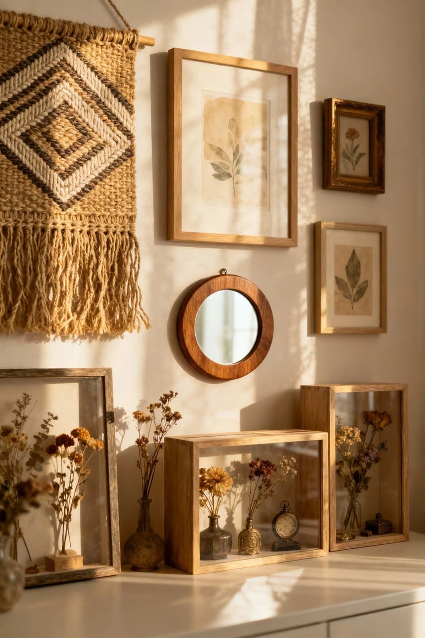 Gallery wall mixing framed art with textured pieces like woven hangings and mirrors for depth.