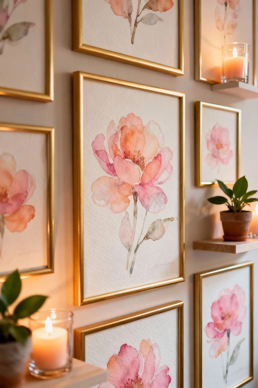 Watercolor floral printable wall art framed in gold above a cozy corner.