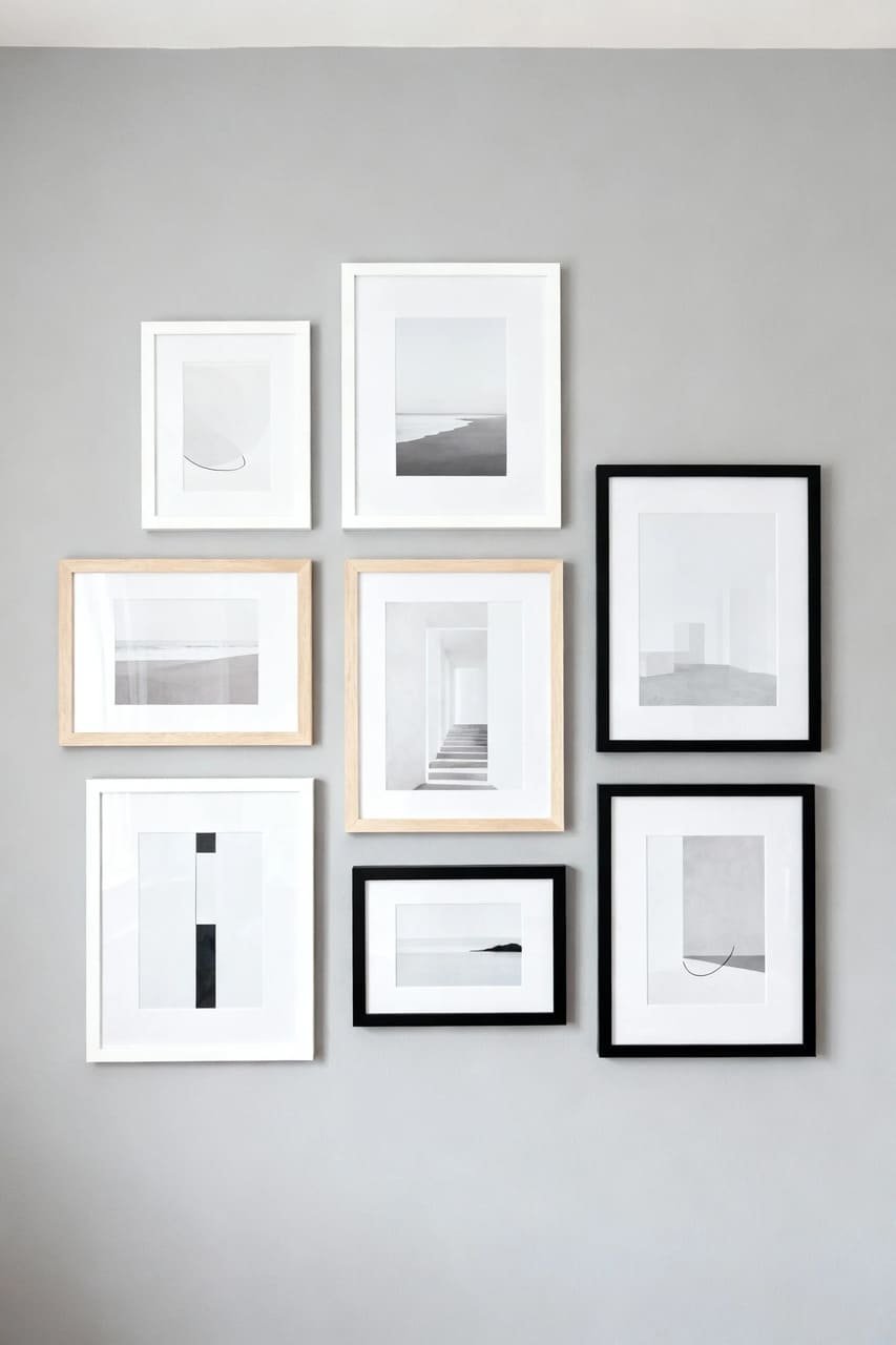 Gallery wall with mixed frame styles arranged symmetrically on a gray wall for visual balance.