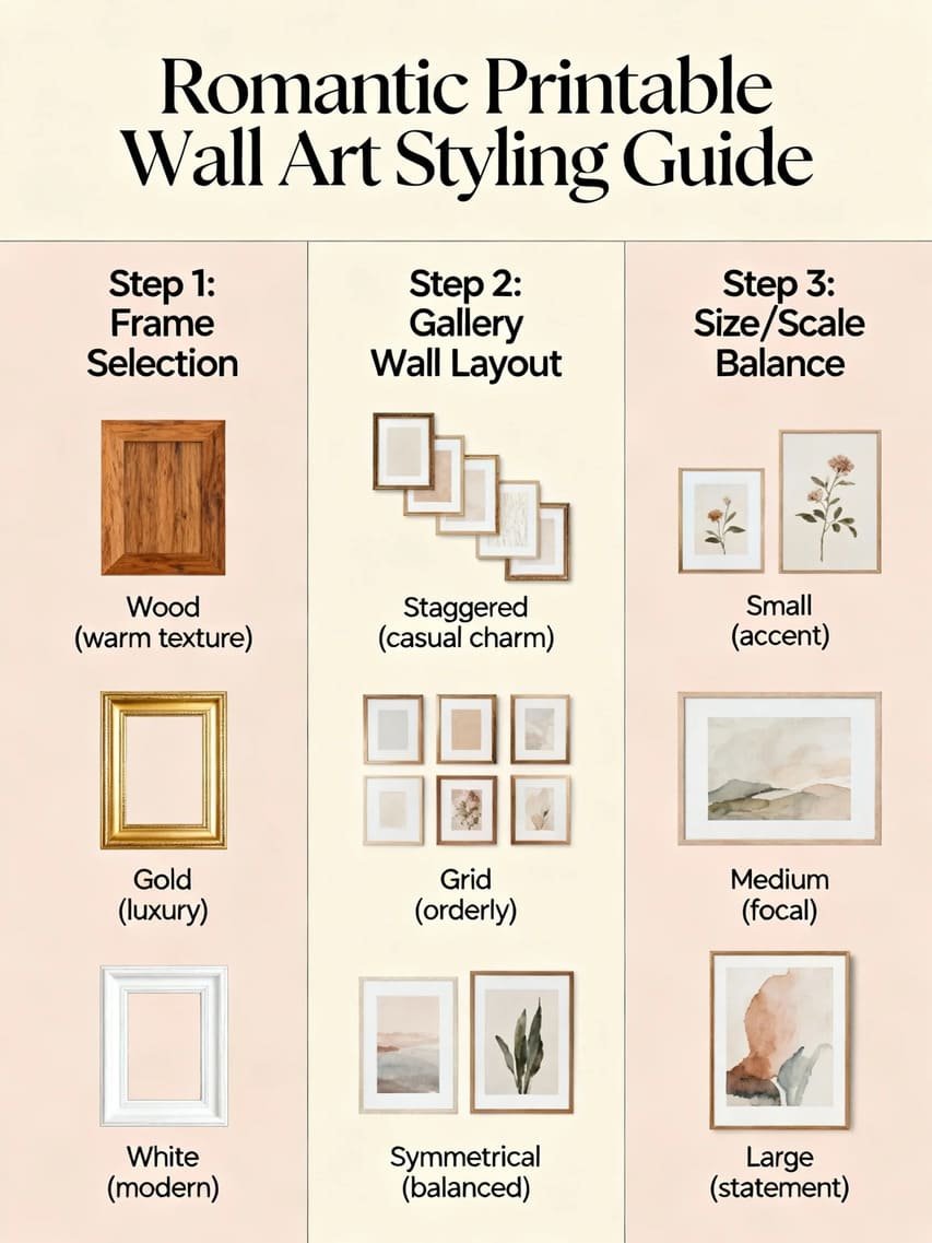 Infographic showing styling tips for romantic printable wall art with frames, gallery walls, and balance ideas.