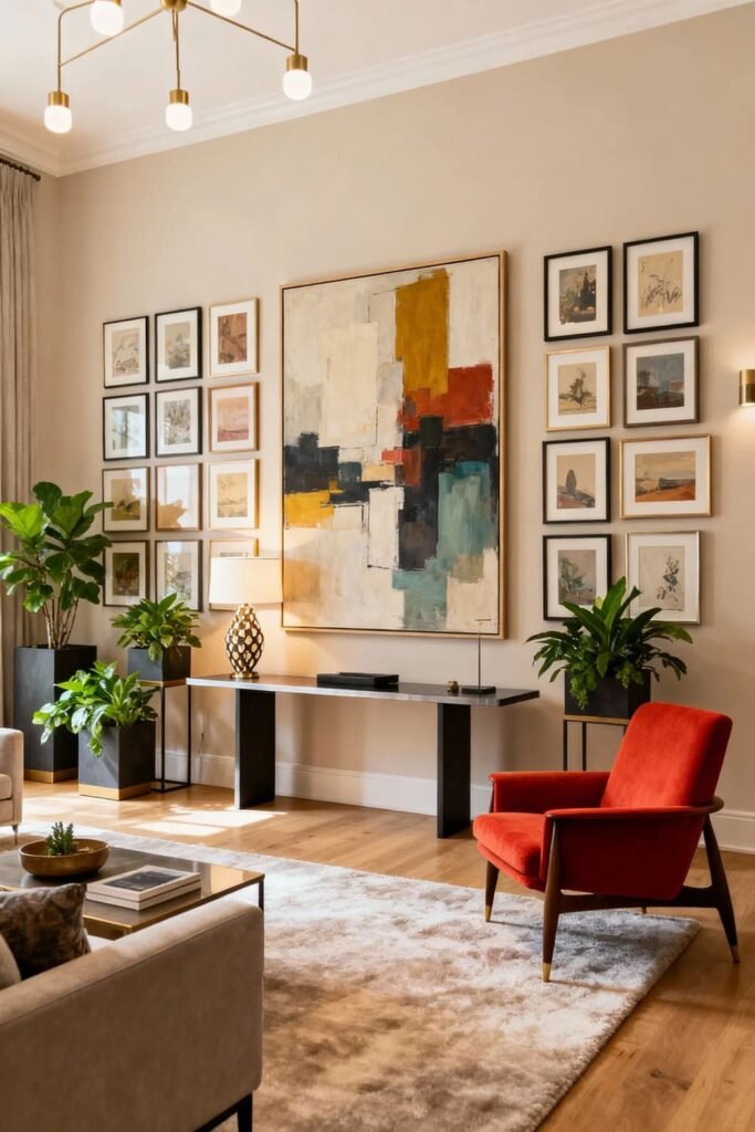 Large-scale wall art styled with a gallery wall, plants, and décor for a cohesive design.