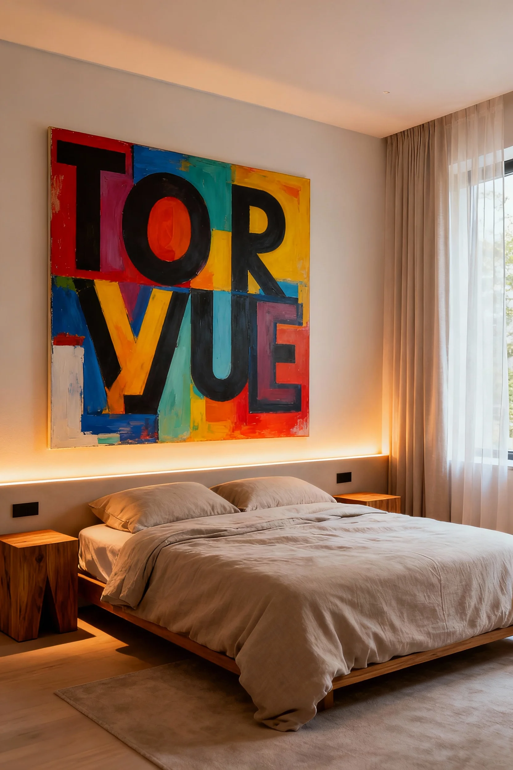 Modern bedroom with colorful statement wall art as the headboard, neutral bedding, and warm lighting creating a cozy yet vibrant atmosphere.