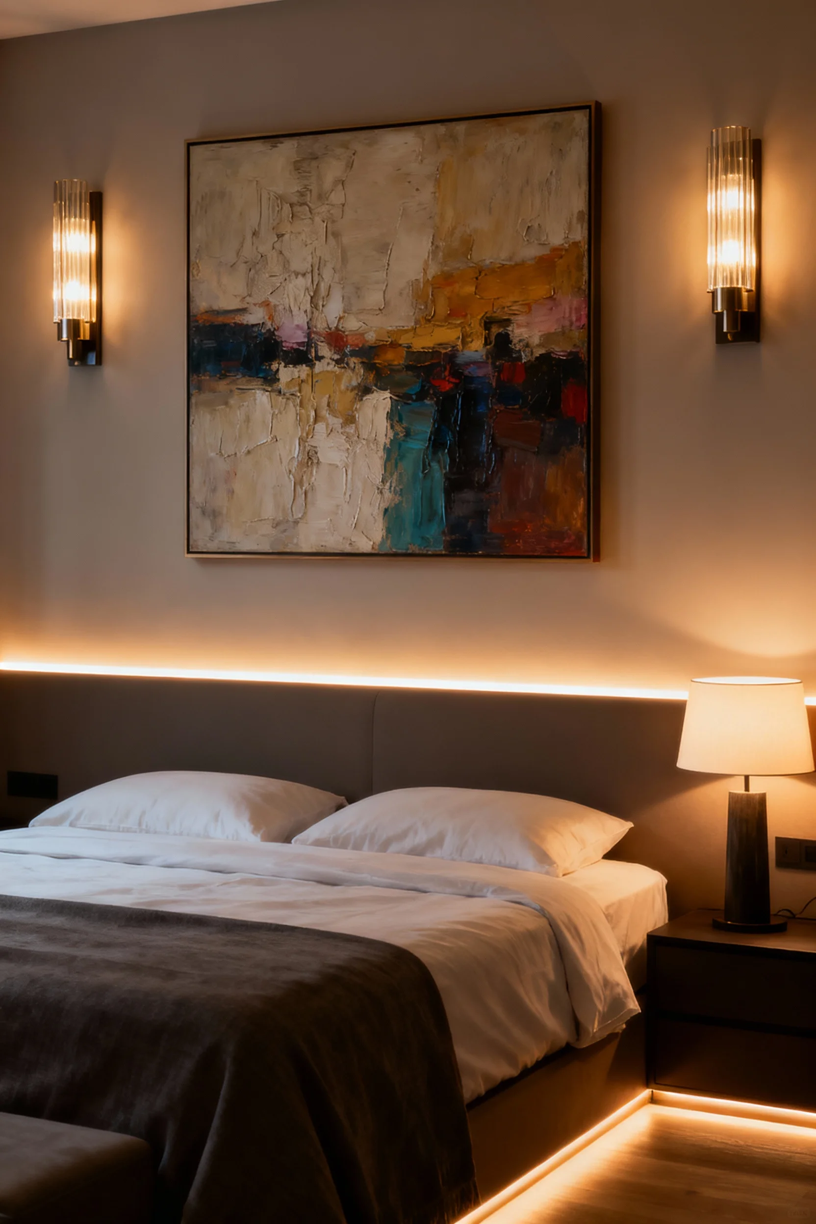 Modern bedroom with statement wall art illuminated by sconces, LED strips, and warm bedside lighting for a cozy, artistic effect.