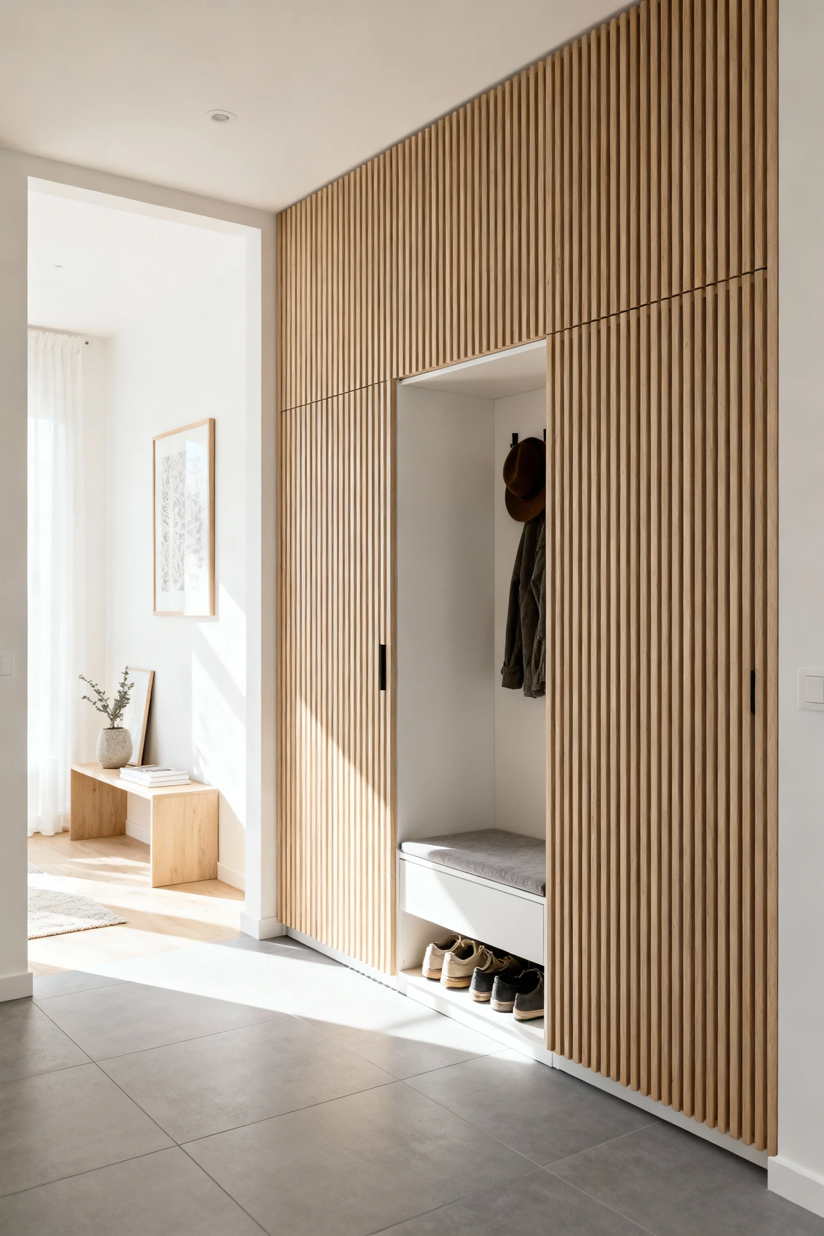 Modern entryway with hidden wall storage behind wooden slat panels