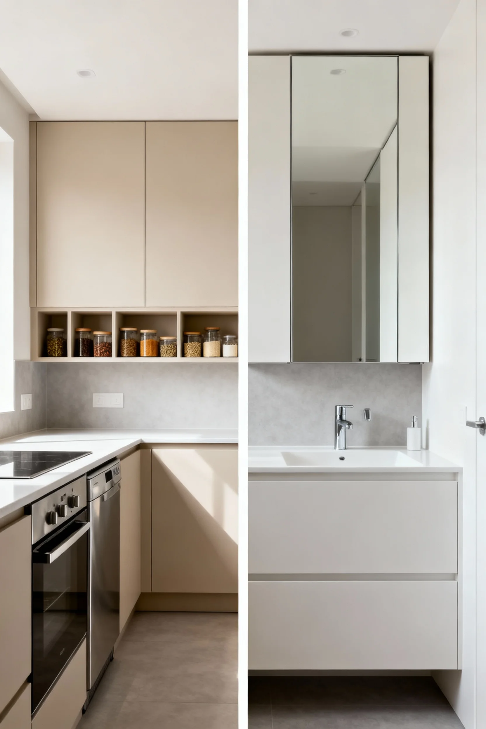 Modern kitchen and bathroom featuring hidden wall storage solutions like recessed racks and mirror cabinets.