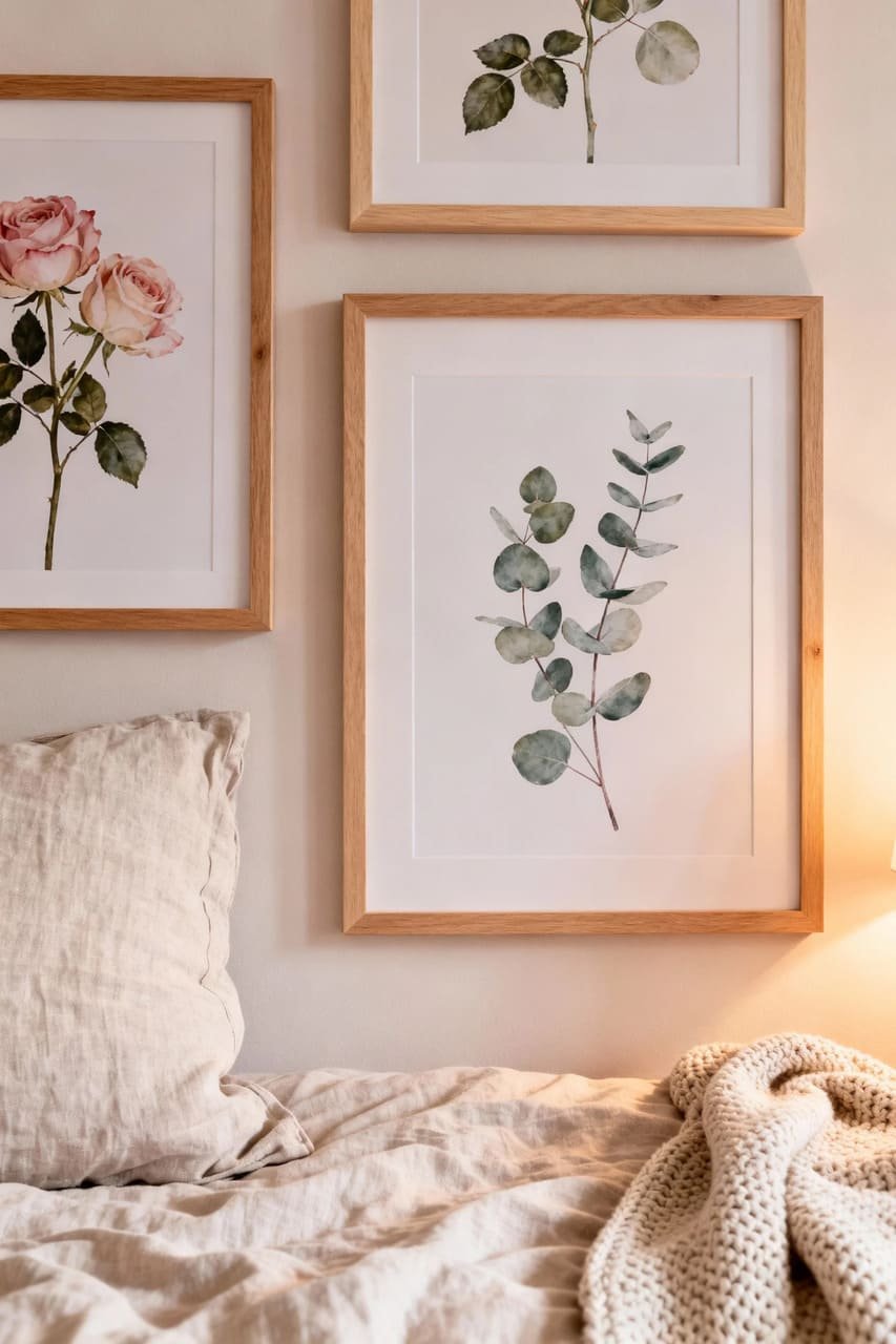 Botanical printable wall art with roses and eucalyptus framed above a cozy bed.