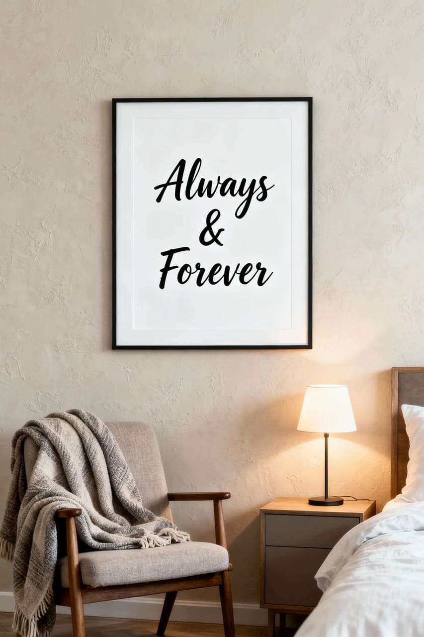 Romantic quote printable wall art in handwritten script above a cozy bedroom corner.