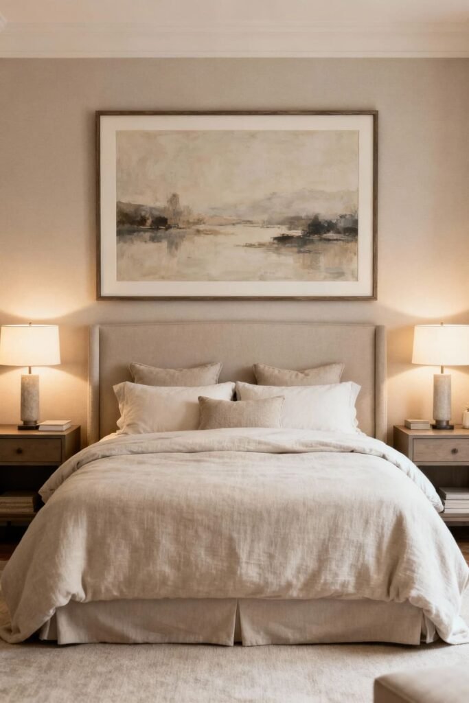 Large wall art styled above a bed, proportioned to match the headboard with balanced décor.