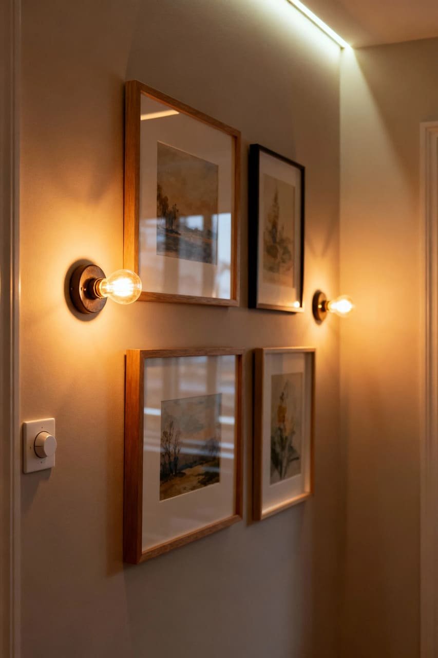 Small gallery wall illuminated with picture lights for a cozy, art-focused ambiance.