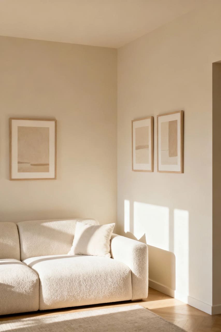 Small gallery wall in light neutral tones creating a bright and open feel.