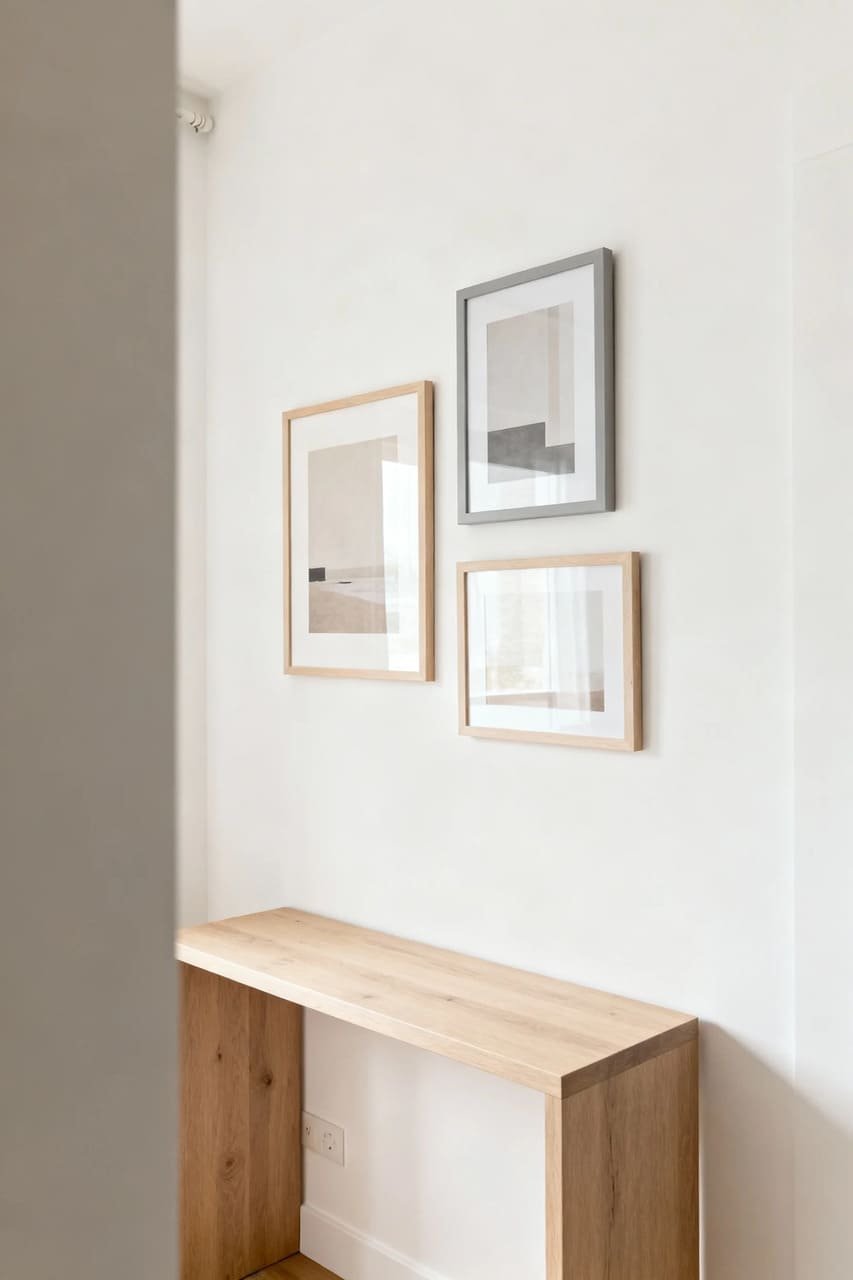 Small gallery wall with a few framed artworks arranged neatly on a light wall for a clean, airy look.