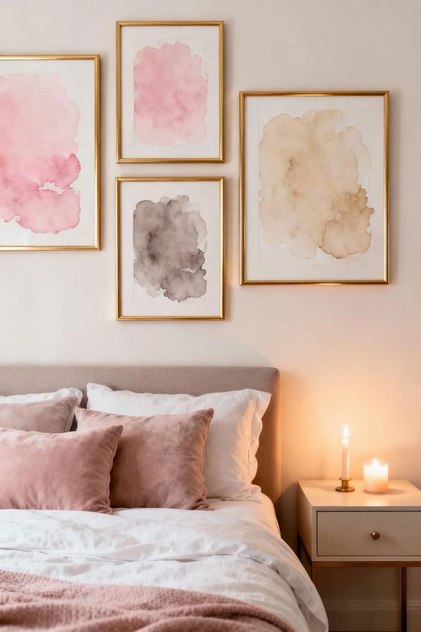 Soft watercolor wall art in blush and taupe tones with gold frames in a romantic bedroom.