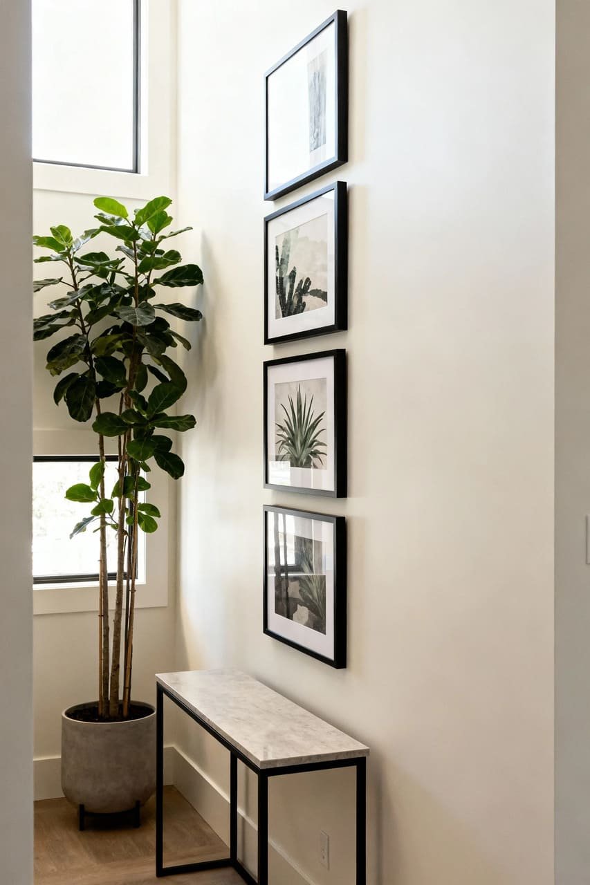 Vertical gallery wall with stacked art prints adding height and elegance to a small space.