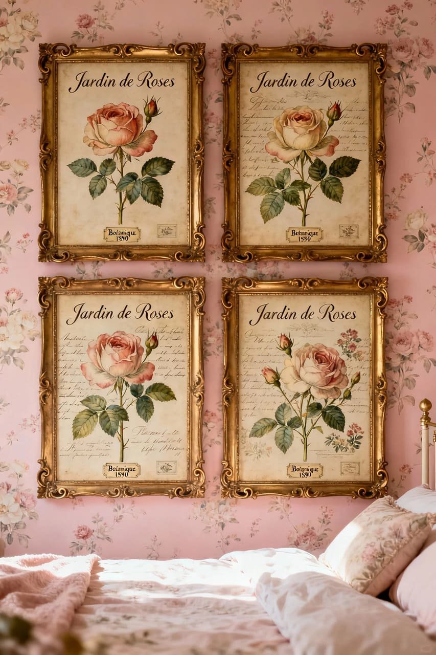 Vintage romantic printable wall art with botanical and Parisian-inspired designs.