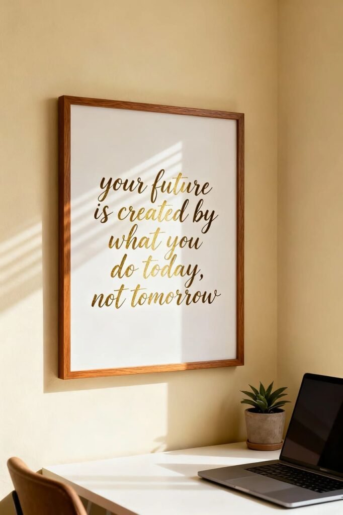 Framed motivational quote print in elegant typography saying “Your future is created by what you do today, not tomorrow.”