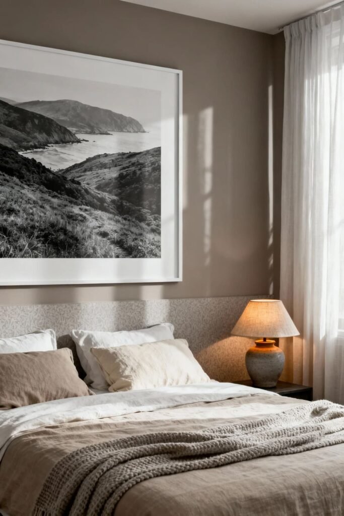 Bedroom with oversized black-and-white photography above bed, styled for a calm retreat.