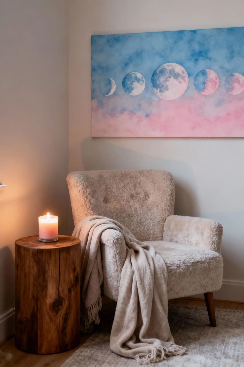 Reading nook with moon phase printable wall art and cozy chair setup.