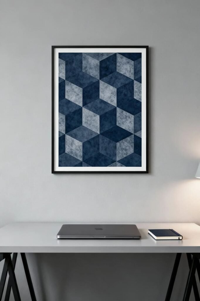 Geometric wall print in muted tones for a calm, focused office workspace.