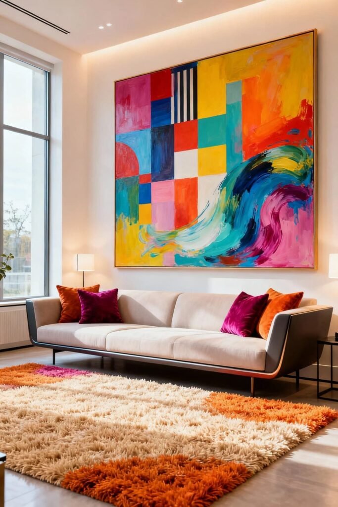 Living room with oversized colorful abstract art above sofa, styled with pillows and rug.
