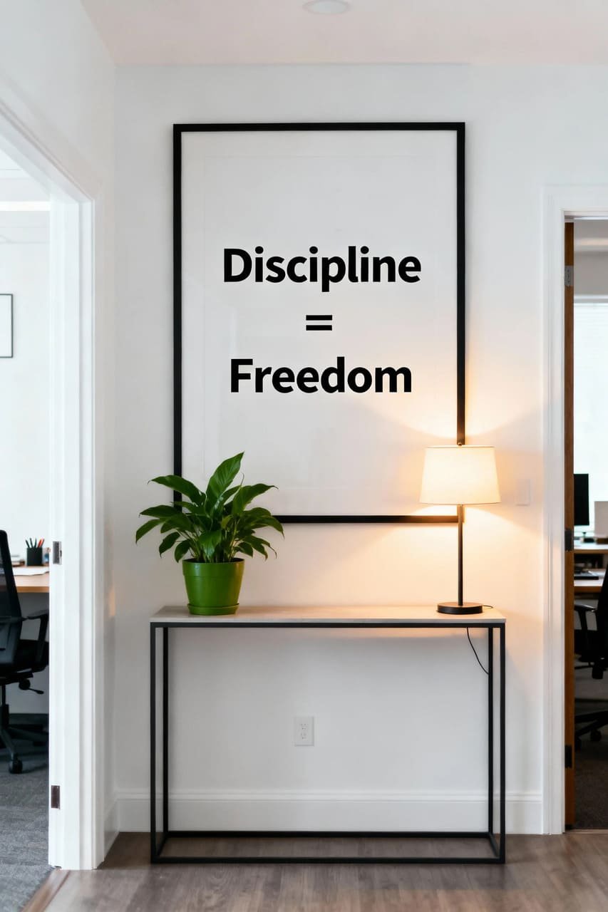 Entryway wall in a home office with a framed motivational quote above a console table and plant, creating an inspiring welcome before work.