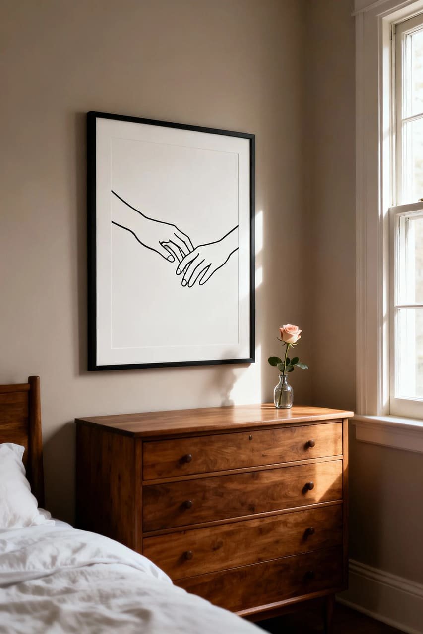 Minimalist line art printable of two hands touching in a romantic style.