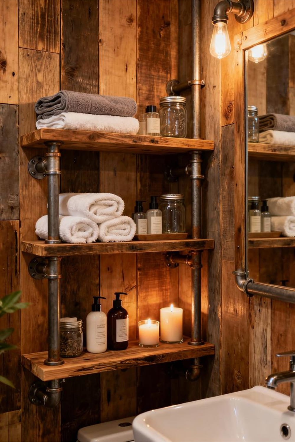 Bathroom industrial shelves with towels, candles, and bath supplies.